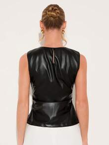 COSMINA Blusa de cuello redondo sin mangas con pliegues para mujer, versátil para ir al trabajo y la oficina, para todas las estaciones - Negro - Ver 2