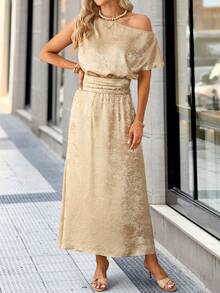 Solivie 女士优雅印花圆领短袖衬衫套装（2件套）搭配刺绣网纱弹力腰半身裙 - 金色 - 查看 4