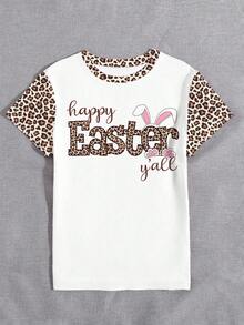 EMERY ROSE Women's Rabbit Slogan & Leopard Print Patchwork Contrast Leopard Print Comfortable Soft Casual Round Neck Short Sleeve T-Shirt, Suitable For Daily And Holiday Wear - Multicolor - View 4