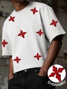 Manfinity EMRG 男士街头风全刺绣休闲日常T恤，送给男友、老公、周年纪念日的礼物，白色T恤，男士设计师T恤，2000年代风格 - 白色 - 查看 5