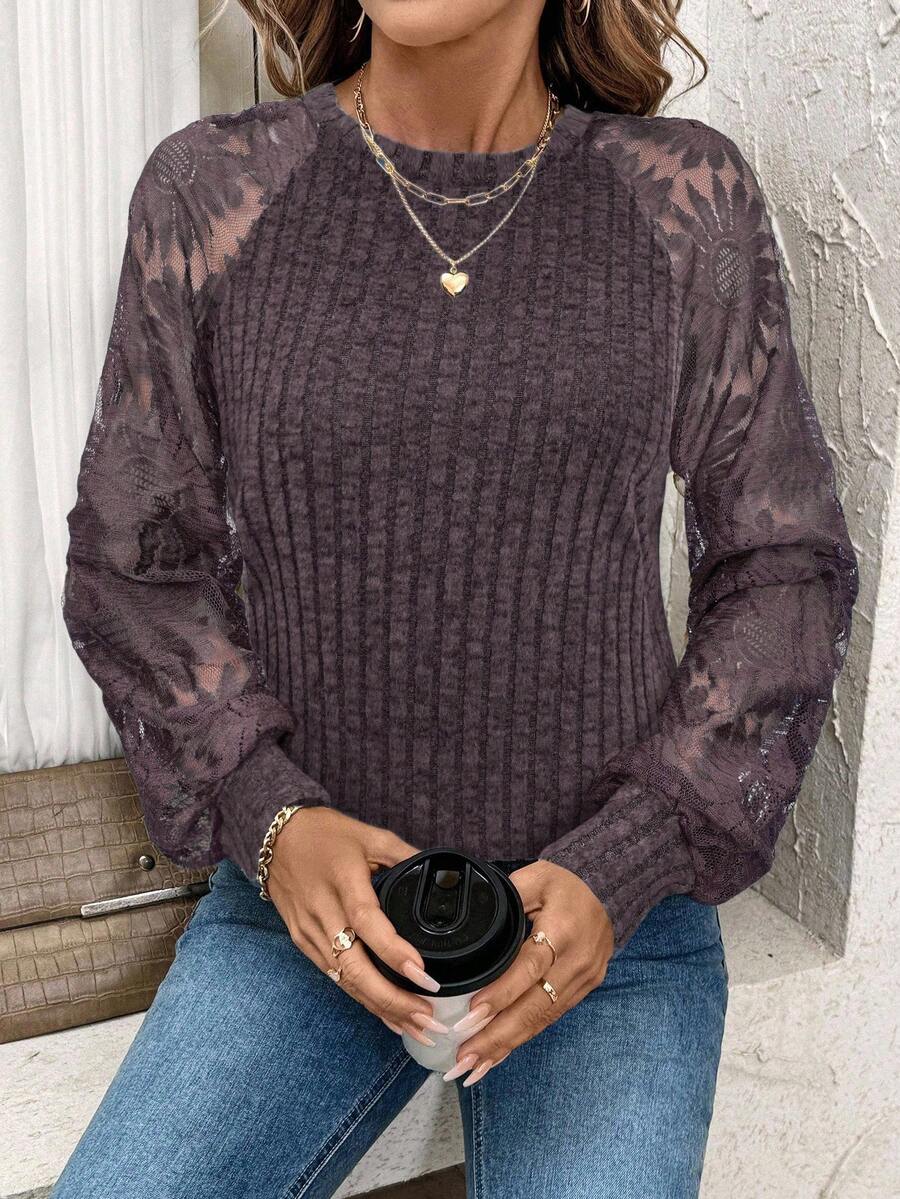 SHEIN Clasi Women's Fuzzy Patchwork Sunflower Lace T-Shirt - Coffee Brown - View 1