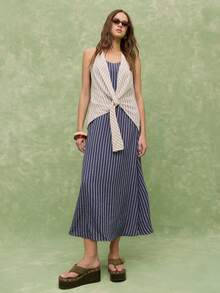Nöista Striped Midi Dress In Navy  White With A With Front Knot.  Perfect For Spring Summer Outfits Casual Chic Styling  Effortless Everyday Formal Event Weeding Guest Pool Party Festival.  Vacation Luxury Going Out  Wedding  Party    Festival  Holiday  Summer - Navy Blue - View 5