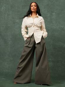 Vixey High Waist Pleated Wide Cuff Wide Leg Office Pants - Army Green - View 4
