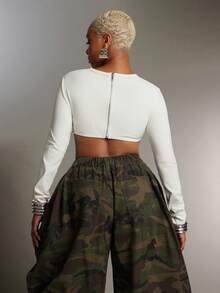 Denimoi 长袖露脐上衣，带钢圈细节，性感时尚街头风夜店装 GNO 音乐会 - 白色 - 查看 3