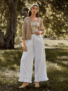 WESTFADE Linen Blend Elastic Waist Pintuck Ruffle Hem Loose Fit Wide Leg Pants,White,Autumn,,Picnic,Holiday,Casual Cute Western Wear Boho Winter NYE - White - View 3