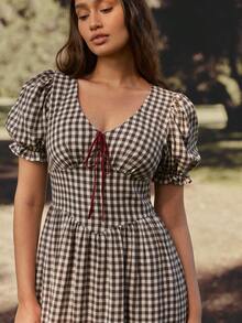WESTFADE Gingham V-Neck Bow Front Puff Sleeve Tiered Ruffle Midi Skirt W/ Slit - Multicolor - View 2