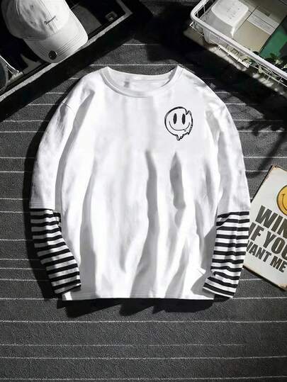 Manfinity Dauomo 男士户外上衣，春秋季T恤，图案，新款秋季款式，黑白拼接，时尚设计，户外休闲，男士长袖T恤