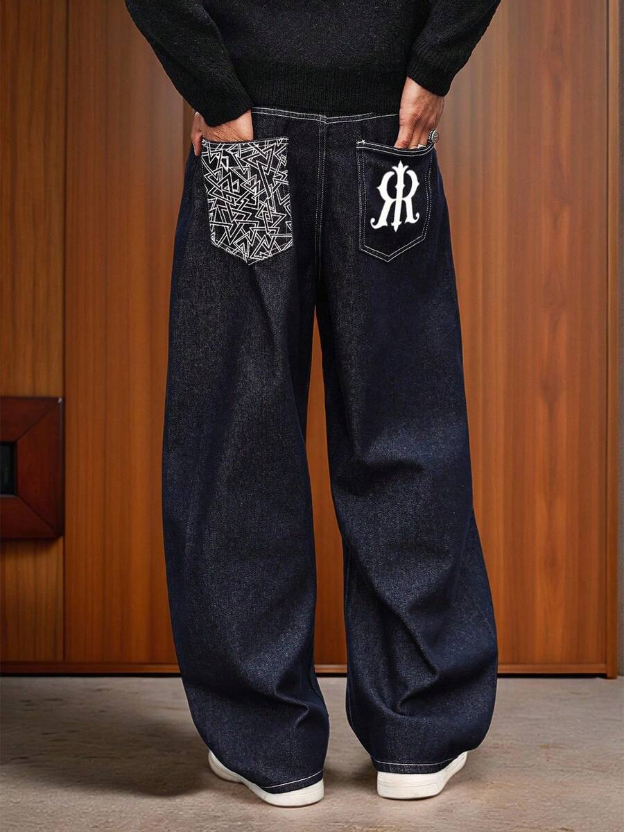 Manfinity Hypemode Letter Print Pocket Loose Wide Leg Casual Jeans Street Hang Out Going Out College - Dark Wash - View 1