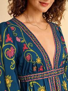 CAJUNI 女士波西米亚复古热带花卉印花泡泡袖V领黑色长款连衣裙 - 藍色 - 查看 6