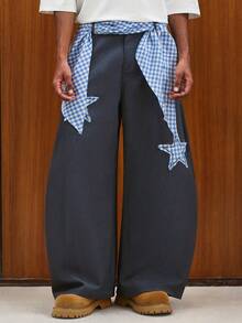 TOKVUE Pantalones holgados de uso casual diario con estampado de cuadros y parche de estrella - Azul - Ver 3