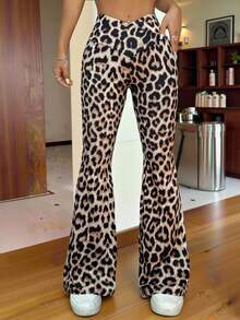 SHEIN EZwear 女性時尚高腰性感豹紋喇叭褲長褲 - 棕色 - 查看 1