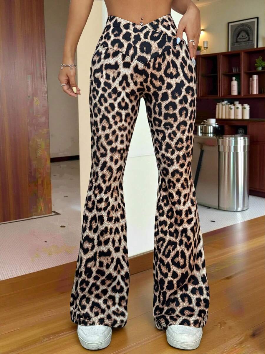 SHEIN EZwear 女性時尚高腰性感豹紋喇叭褲長褲 - 棕色 - 查看 1