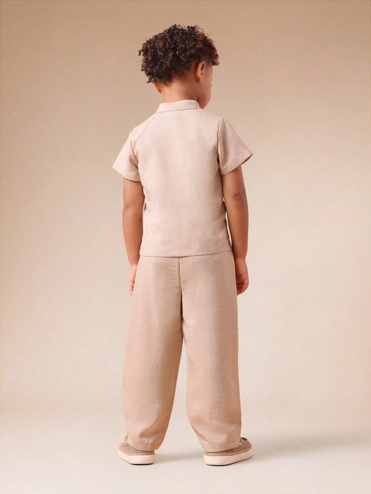 Linen Feel Shirt And Pants Set With Mandarin Collar