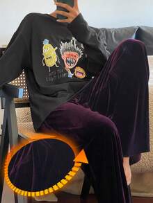 DAZY 抽象印花上衣和天鹅绒宽松裤女士睡衣套装 - 深灰色 - 查看 3