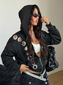 Coolane 女士秋冬街头风Y2K朋克风带口袋拉链舒适黑色连帽卫衣 - 黑色 - 查看 3