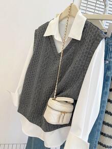 Resyla 大码休闲纯色背心和衬衫两件套