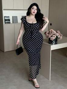 Vibekara Gaun Polkadot Elegan Lengan Pendek Leher Persegi untuk Wanita Ukuran Besar - MultiWarna - View 1