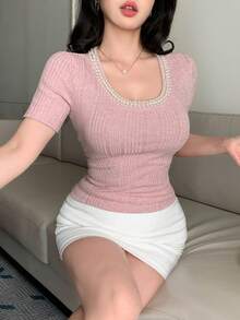 DAZY Women's Faux Pearl Decor Round Neck Short Sleeve Fitted Elegant T-Shirt - Pink - View 5