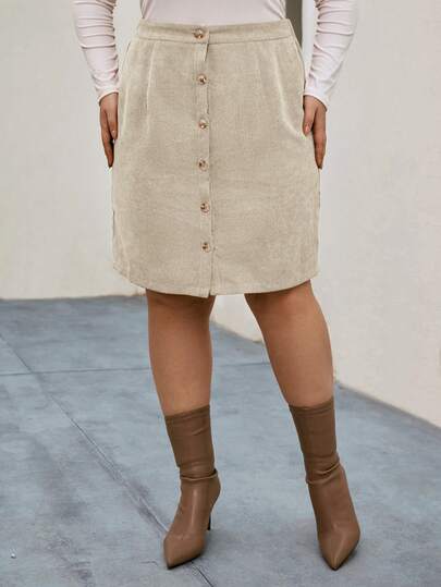 SHEIN LUNE Plus Size Casual Solid Color Front Button A-Line Skirt