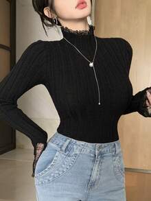 DAZY Women's Lace Trim Mock Neck Fitted Sweater, Stylish Layering Top For Autumn/Winter - Black - View 7