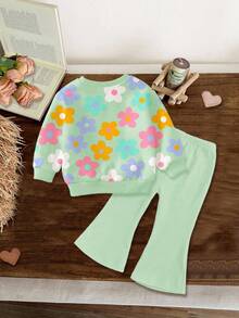 柔和的薄荷绿，可爱的多巴胺花朵图案，年轻女孩休闲简约圆领长袖运动衫和喇叭裤套装，适合秋冬 - 彩色 - 查看 2