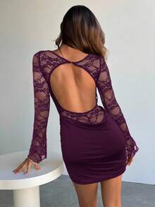 Aloruh Women's Backless Lace Sexy Black Mini Dress Dark Purple Dress Women Sheer Lace Long Sleeve Mini Dress