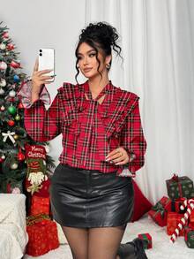 Elenzga Camicetta elegante francese a maniche lunghe con stampa digitale a righe casuali e volant, in tartan rosso, per donne taglie forti - Rosso - Visualizzare 2