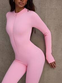 Easithlete Women's Ribbed Zipper Long Sleeve Jumpsuit - Pink - View 6