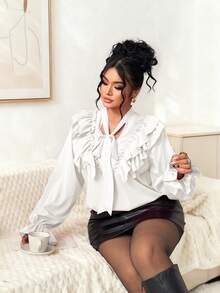 Elenzga 大码女式轻盈法式优雅针织长袖红色荷叶边系带衬衫 - 白色 - 查看 8