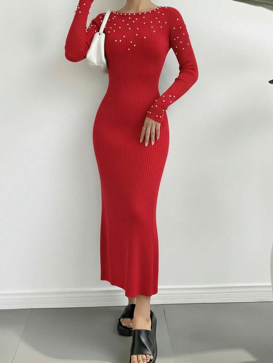 Women Sweater Dresses - Red - View 1