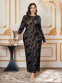 SHEIN Clasi Váy dự tiệc hoa nhung và lưới cỡ lớn thanh lịch - màu đen - Xem 5