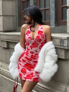 MainGRL Đầm ngắn nữ in hoa hồng hồng, gợi cảm và thanh lịch, thích hợp cho tiệc Giáng sinh, Năm mới, Ngày Valentine. - Đỏ - Xem 4