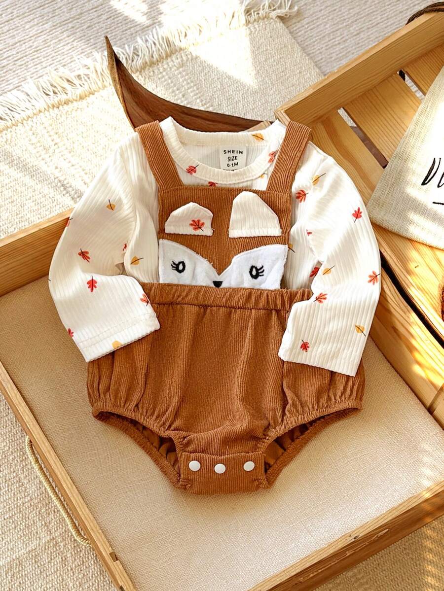 Vintaside Kids 2 pièces Ensemble Top imprimé feuilles polyvalent et body avec broderie écureuil pour nouveau-né, convient pour le printemps/automne, intérieur et extérieur, port quotidien