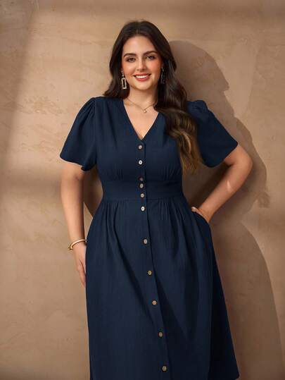 Chikora Plus Size Women Elegant Linen-Cotton V-Neck Casual Office Dress