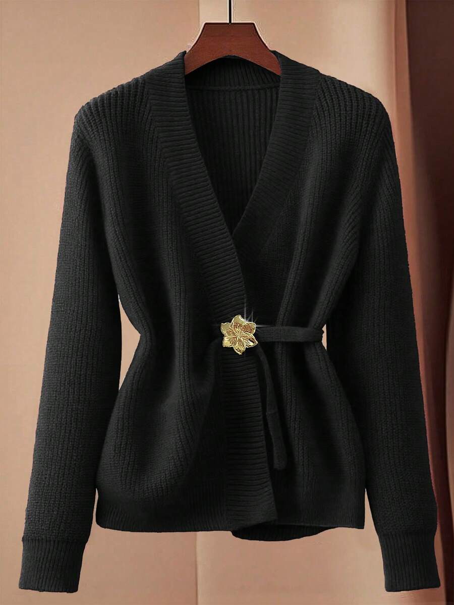 GlowEve CURVE Cardigan lavorato a maglia di taglia grande per donna, in inverno, semplice e alla moda, con bottoni, di colore unito - nero - Visualizzare 1