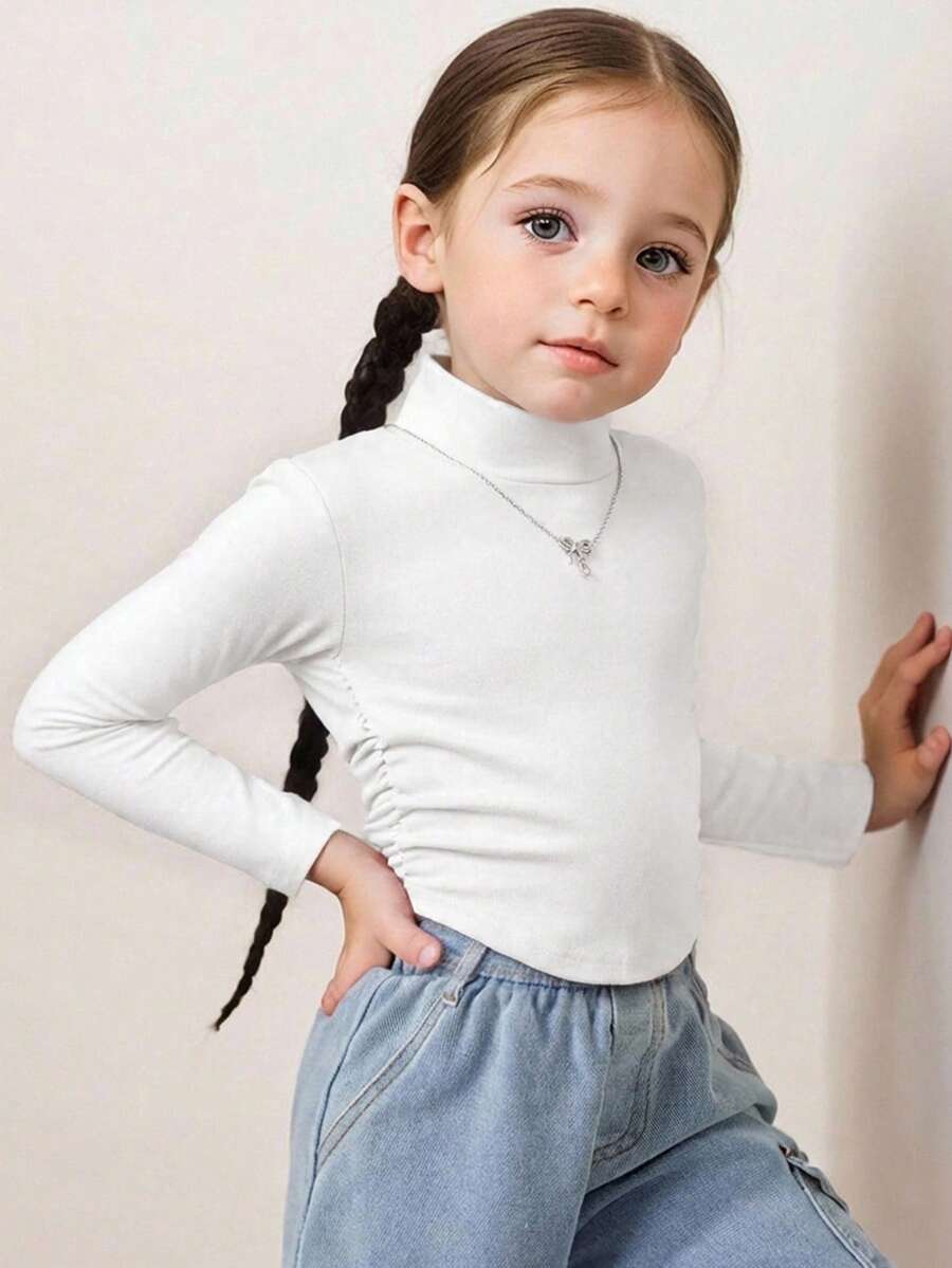 SHEIN Áo thun dệt kim cổ bẻ màu trơn cho bé gái, thích hợp mặc thường ngày, mặc đi học vào mùa thu đông, phù hợp cho mẹ và bé. Dùng cho dịp Giáng sinh. - trắng - Xem 1