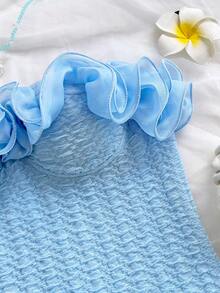 Soleia 夸张荷叶边无肩带女士连体衣，适合派对、假日、约会、下午茶、度假、音乐节、海滩、夏季穿搭、波西米亚风、休闲度假、钩针编织、亚麻材质 - 藍色 - 查看 8