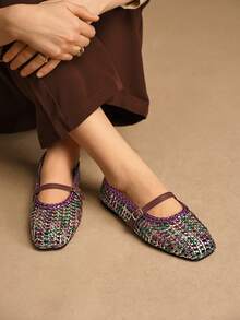 Rosivie Zapatos planos tejidos de colores llamativos y con diseño hueco, de moda para el día a día - Morado - Ver 4