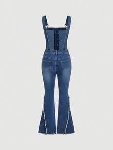 Sweetra 女士口袋单排扣毛边休闲百搭喇叭牛仔裤 - 中等水洗藍 - 查看 2