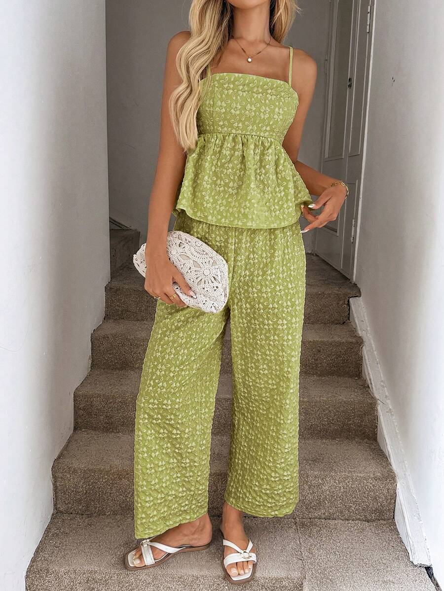 Easowa 黄色可爱碎花吊带背心和松紧腰裤套装，夏季 - 綠色 - 查看 1