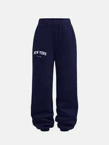 SHEIN Set de 2 piezas de sudadera y pantalón de chándal con estampado de letras de manga larga y cuello redondo para adolescentes - Azul Marino - Ver 12