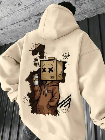 Sudadera con capucha de manga larga, estampado de dibujos animados, corte holgado informal para hombre