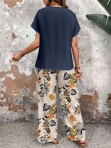 EMERY ROSE 2pcs/Set Women Casual Floral Pattern Round Neck Top And Loose Pants, Versatile For Autumn & Summer Women Wide Leg Pants Floral Pants,Casual - Multicolor - View 2
