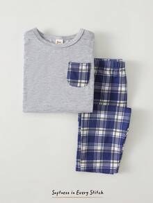Cozy Pixies 2pcs Baby BoyCasual Set, Contrast Color Patch Pocket Crew Neck Soft Knit Sweater And Elastic Waist Classic Plaid Pants - Multicolor - View 3