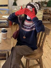 DAZY 女士休闲撞色印花毛衣，秋季 - 藏蓝色 - 查看 9