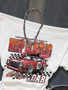 SHEIN EZwear 女士休闲腰部褶皱露肩紧身短袖白色T恤，复古汽车图案，适合夏季穿着 - 白色 - 查看 4