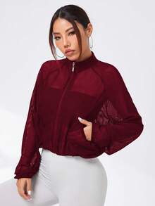 Easithlete Women's High Neck Sheer Sexy Jacket With Pockets, Casual Sports Running Fitness Outdoor Activities Long Sleeve Jacket - Burgundy - View 4