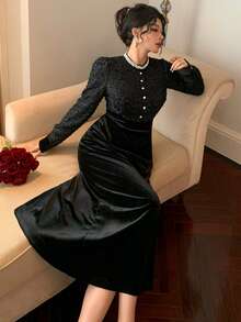 DAZY Elegant Sequin Petal Waist Cinching Black Dress For Women Prom Dress - Black - View 3