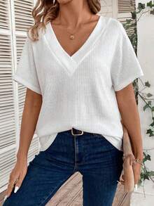 Selamara New Plus Size Women Fashion V-Neck Loose Short Sleeve T-Shirt - White - View 5