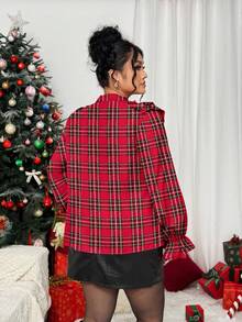 Elenzga Camicetta elegante francese a maniche lunghe con stampa digitale a righe casuali e volant, in tartan rosso, per donne taglie forti - Rosso - Visualizzare 3